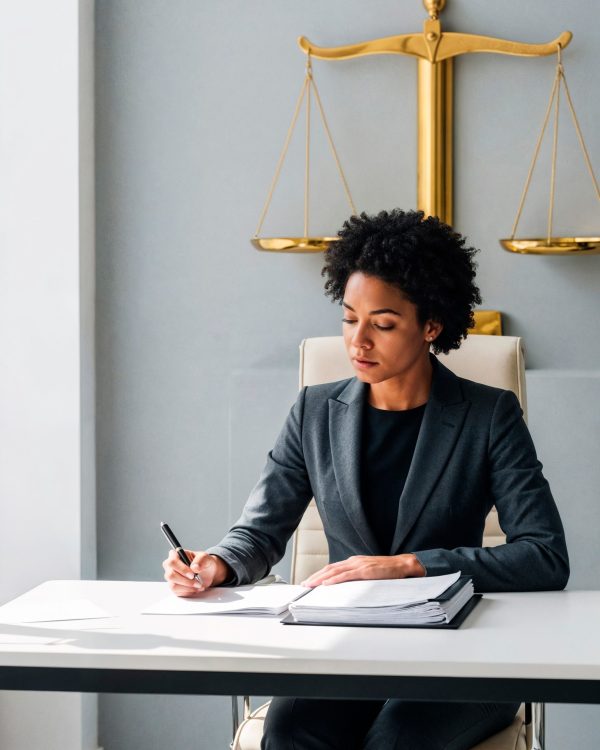 female lawyer desk with scales justice (1)